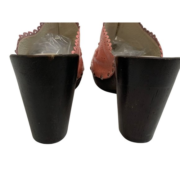 9B Vince Camuto Pink Leather Studded Clogs Mules Wooden Heels Floral Cutout - Picture 9 of 13